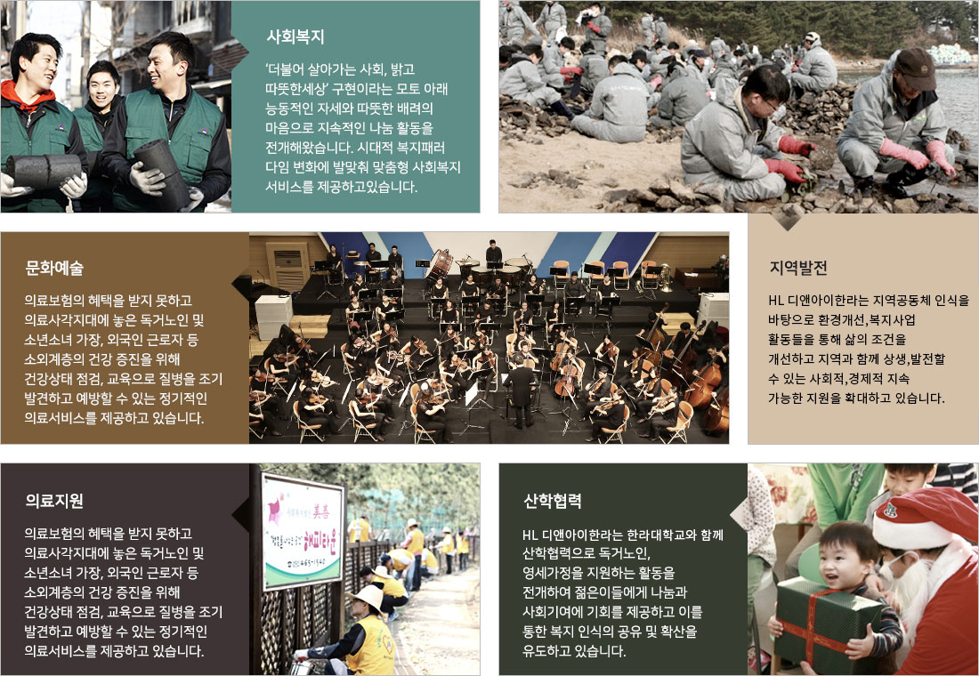 사회복지, 문화예술, 지역발전, 의료지원, 산학협력